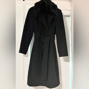 INC International Concepts Black Wool Cashmere Belted Coat with Faux Fur Collar